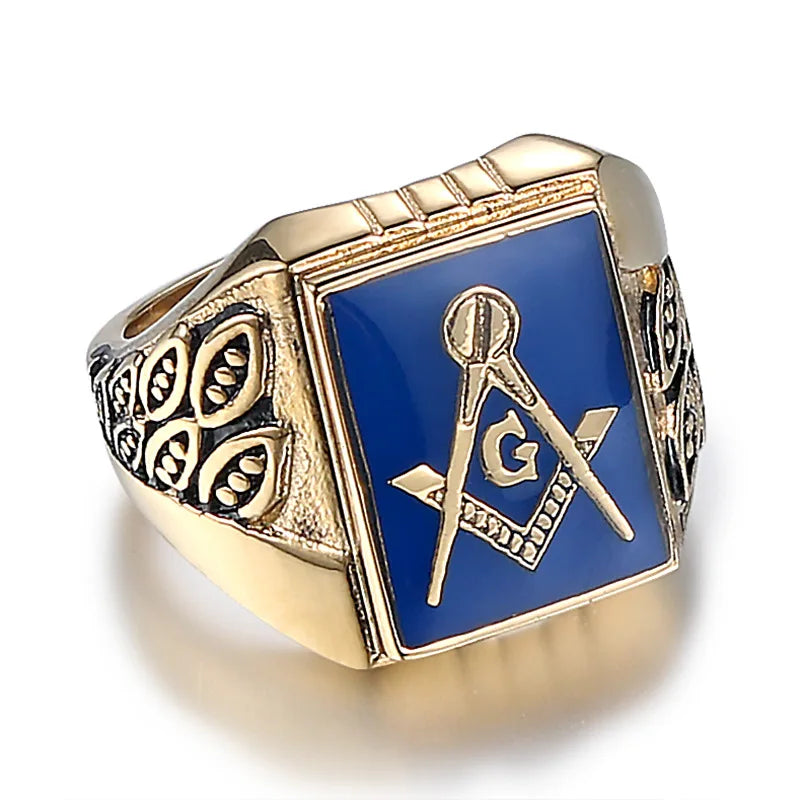 Classic Blue Masonic Ring Stainless Steel Freemasonry Compass Mens Jewelry SYR0001