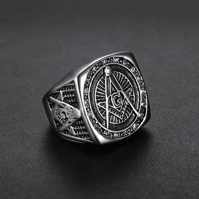 Fashion Rhinestone Masonic Ring Stainless Steel Charm Jewelry Exquisite Mason Freemason Women Men Ring SMR0012