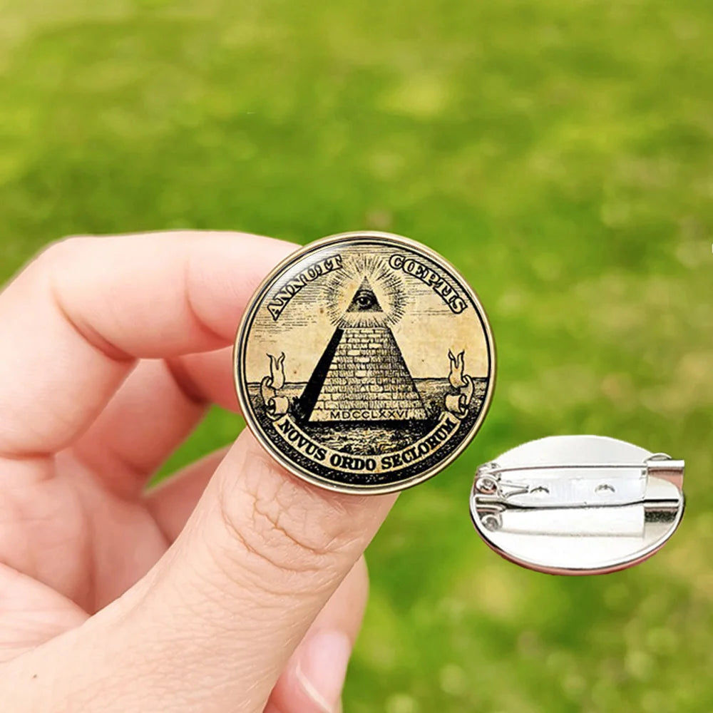 Masonic Pin Badge Glass Round Mason Freemason and Eye Photo Handmade Brooches for Men Women Accessories