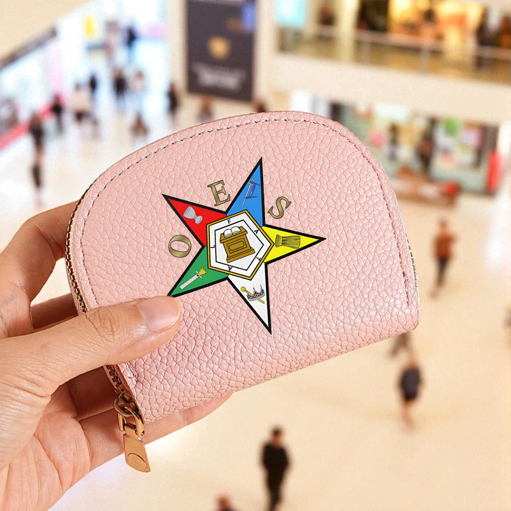 1pc Order of the Eastern Star (OES) Emblem Wallet - Golden-Tone Star & OES Logo Print Coin Purse & Cash Holder, Zippered Compact Wallet for Freemasonry Members, Durable Black Design for Everyday Use & Lodge Events