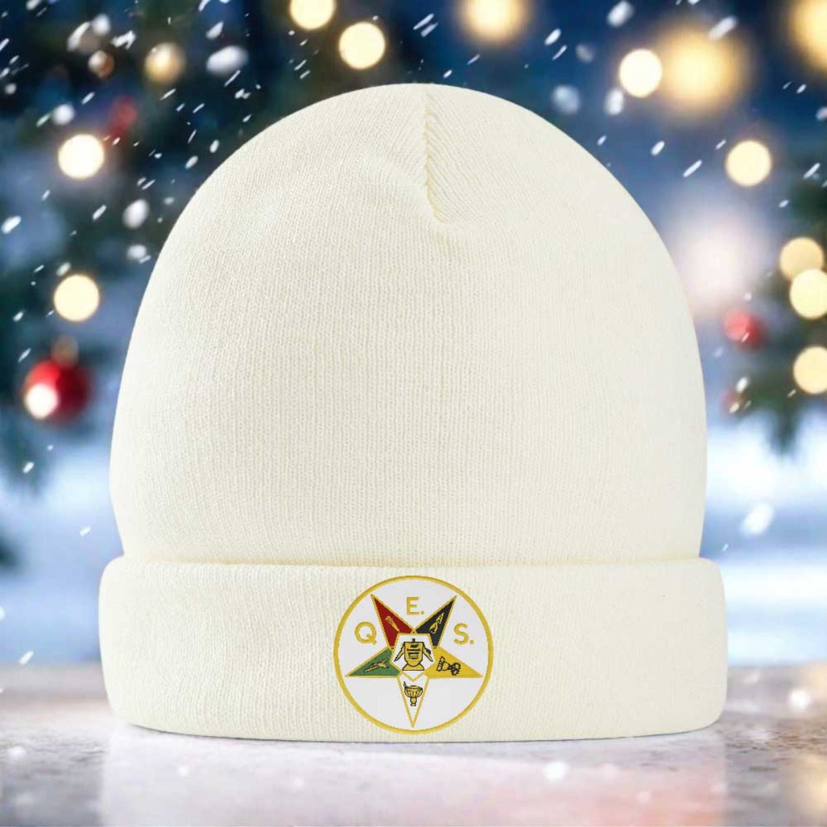1pc 's Masonic OES Order of the Eastern Star Emblem Knit Beanie - Golden-Toned Greek Letter Logo (ΟΕΣ) & Star Design, Navy Blue Winter Warm Hat for Freemasonry Members, Christmas/Ramadan/Father's Day Gifts