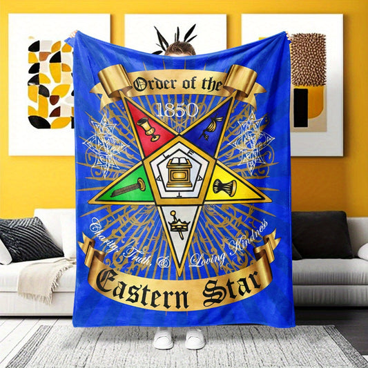 Order of the Eastern Star Masonic Blanket - Ultra-Soft Flannel All-Season Throw with Freemasonry Symbols (Square & Compasses, Pentagram, Lodge) - Deep Blue & Golden Fraternity Gift for Home, Camping, or Office - Masonic Chari
