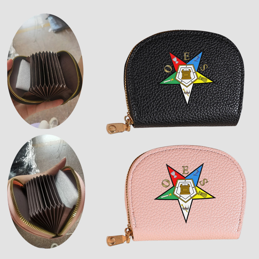 1pc Order of the Eastern Star (OES) Emblem Wallet - Golden-Tone Star & OES Logo Print Coin Purse & Cash Holder, Zippered Compact Wallet for Freemasonry Members, Durable Black Design for Everyday Use & Lodge Events