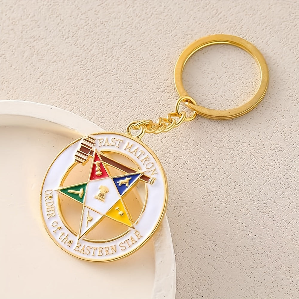 Order of the Eastern Star OES Masonic Keychain - Official Masonic Jewelry with Square & Compasses Symbols, Golden-Toned Enamel Emblem & Past Master Design - Durable Epoxy Resin Gift for Men, Freemasonry Members (Christmas, Gr