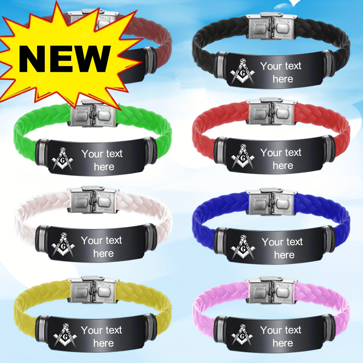 Custom Engraved Masonic Bracelet, Personalized Freemason Braided Silicone Wristband, Mason Symbol Jewelry for Men & Women, Casual Style, Silica Gel Material, Ideal for Valentine's, Mother'S & Father'S Day Gifts