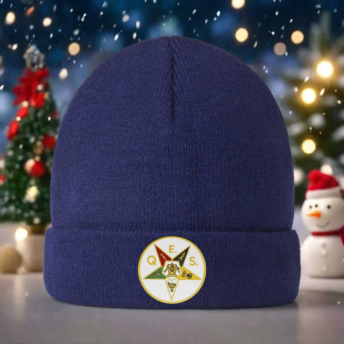 1pc 's Masonic OES Order of the Eastern Star Emblem Knit Beanie - Golden-Toned Greek Letter Logo (ΟΕΣ) & Star Design, Navy Blue Winter Warm Hat for Freemasonry Members, Christmas/Ramadan/Father's Day Gifts