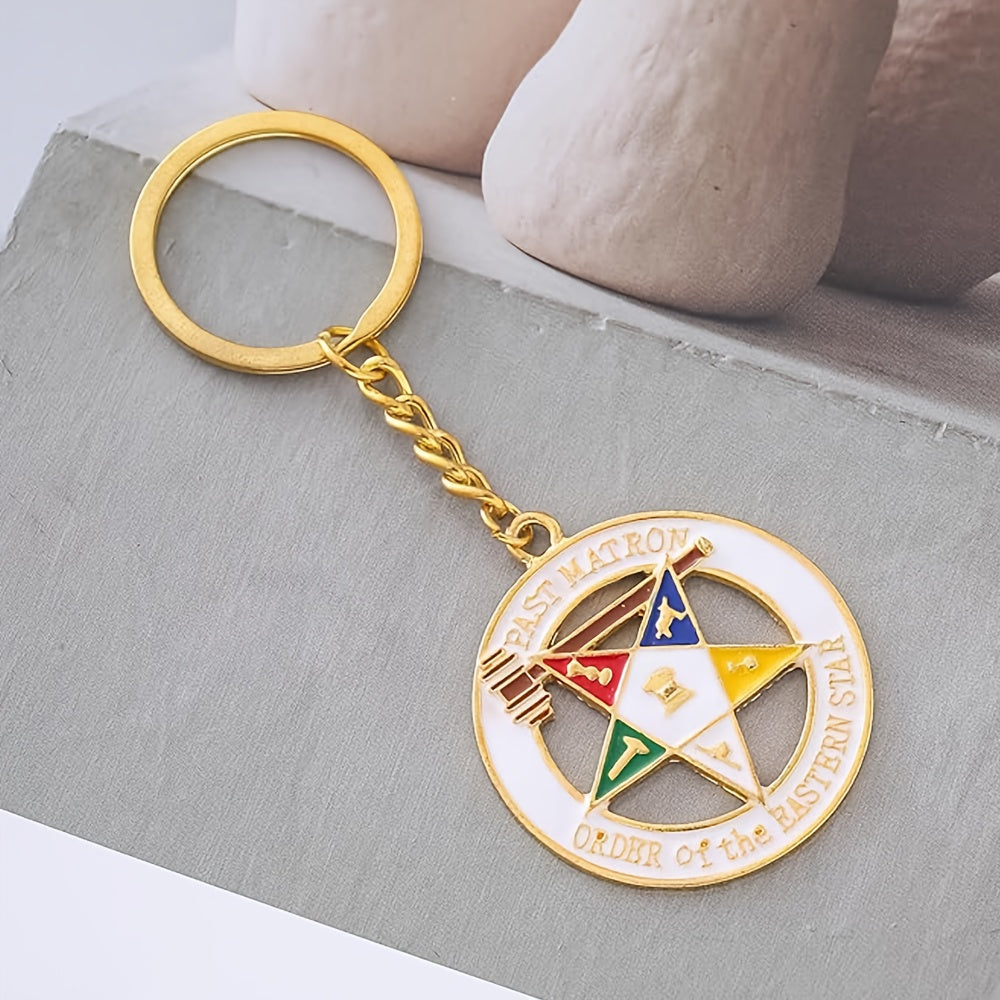Order of the Eastern Star OES Masonic Keychain - Official Masonic Jewelry with Square & Compasses Symbols, Golden-Toned Enamel Emblem & Past Master Design - Durable Epoxy Resin Gift for Men, Freemasonry Members (Christmas, Gr