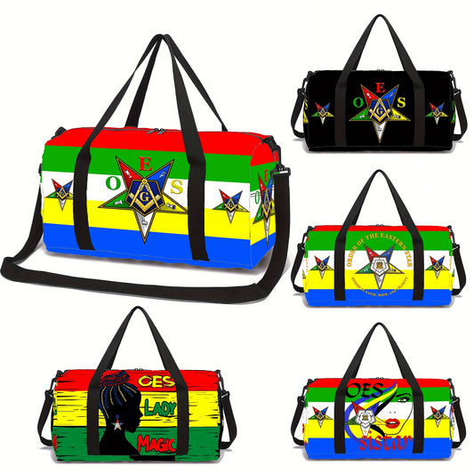 OES Lady Freemason Design Travel Bag - Durable Polyester Gym Yoga Duffel with All-Seeing Eye Symbol, Machine Washable Unisex Tote for OES Meetings, Outdoor Fitness & Casual Use (Mixed/White/Black), Vibrant Luggage Style, Stur