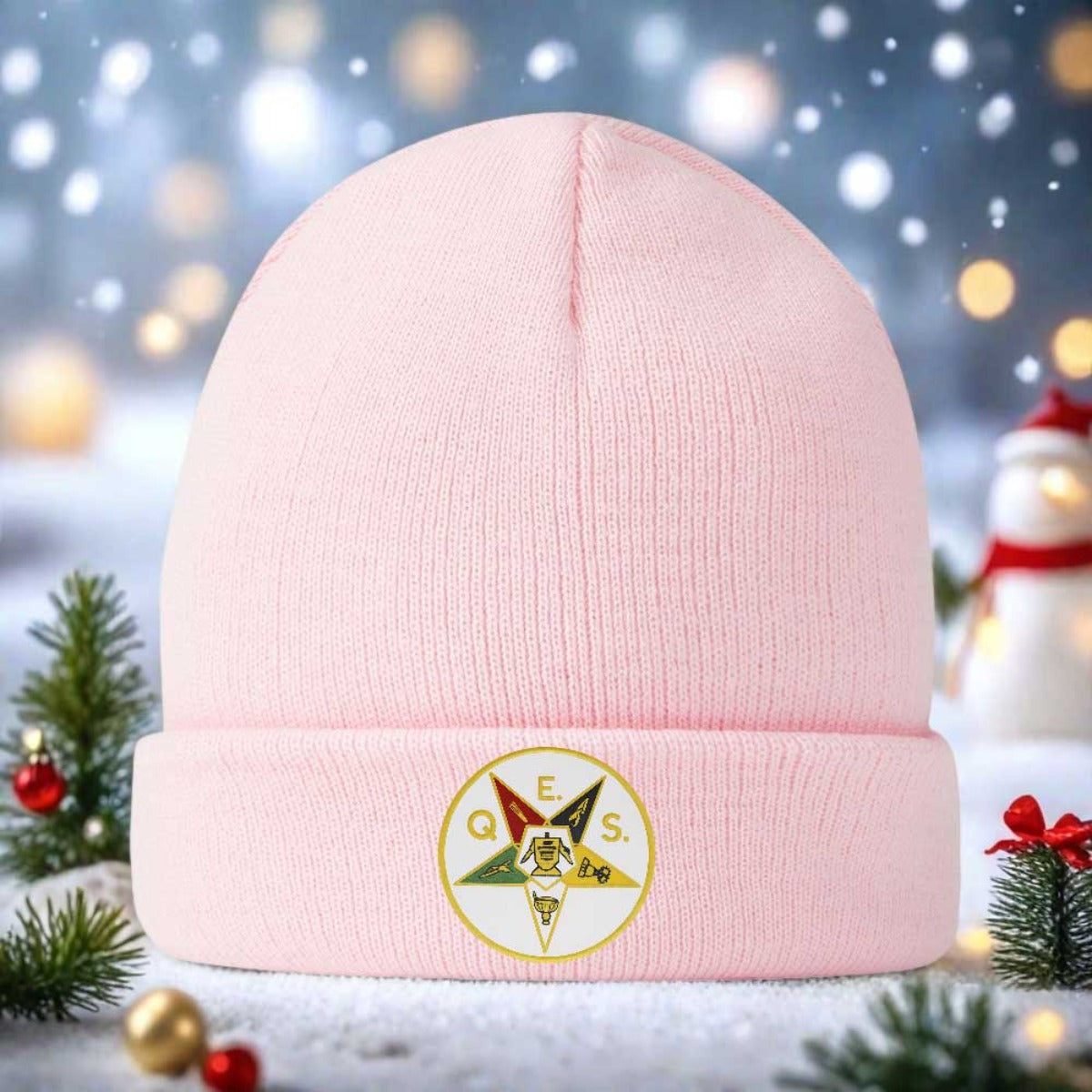 1pc 's Masonic OES Order of the Eastern Star Emblem Knit Beanie - Golden-Toned Greek Letter Logo (ΟΕΣ) & Star Design, Navy Blue Winter Warm Hat for Freemasonry Members, Christmas/Ramadan/Father's Day Gifts