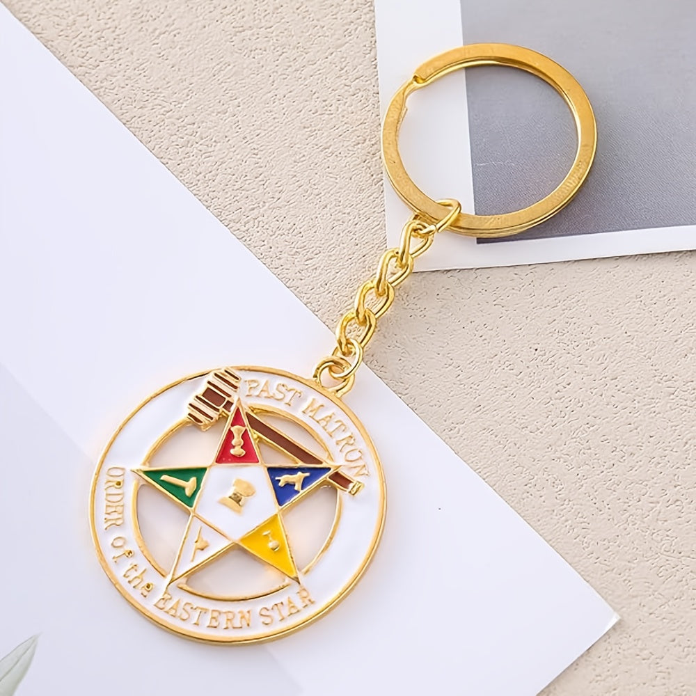 Order of the Eastern Star OES Masonic Keychain - Official Masonic Jewelry with Square & Compasses Symbols, Golden-Toned Enamel Emblem & Past Master Design - Durable Epoxy Resin Gift for Men, Freemasonry Members (Christmas, Gr