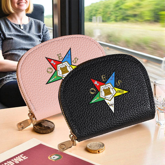 1pc Order of the Eastern Star (OES) Emblem Wallet - Golden-Tone Star & OES Logo Print Coin Purse & Cash Holder, Zippered Compact Wallet for Freemasonry Members, Durable Black Design for Everyday Use & Lodge Events
