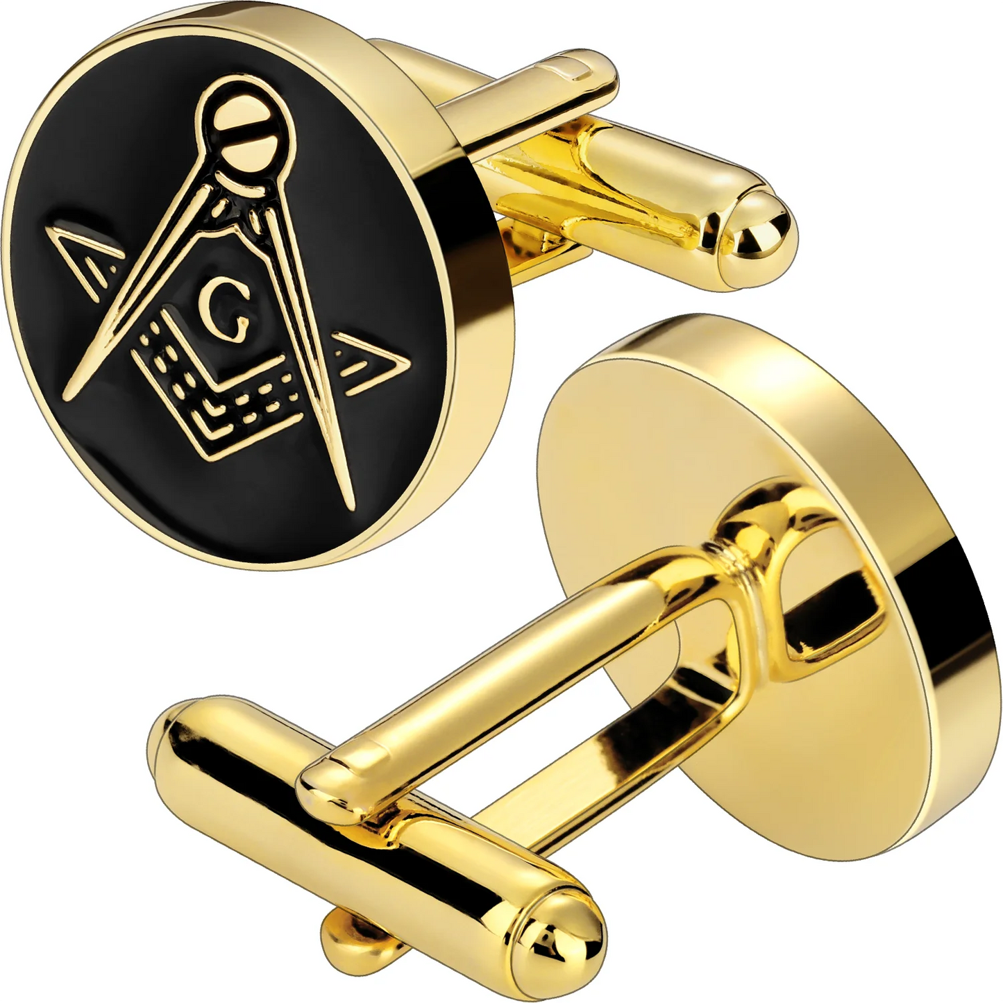 Gold Tone Masonic Cufflinks For Men Round Square And Compass G Letter Design Black Enamel Dress Shirt Accessories Freemason Gift