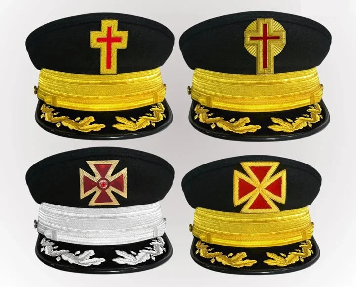 High Quality Factory Price Cheap Top Quality Handmade Embroidery Round Shape Brimmed Peak Hats for Freemasonry Masonic Regalia
