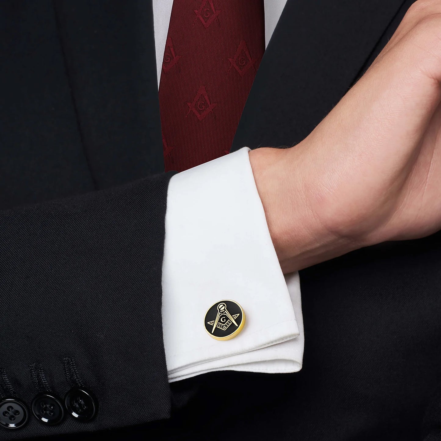 Gold Tone Masonic Cufflinks For Men Round Square And Compass G Letter Design Black Enamel Dress Shirt Accessories Freemason Gift