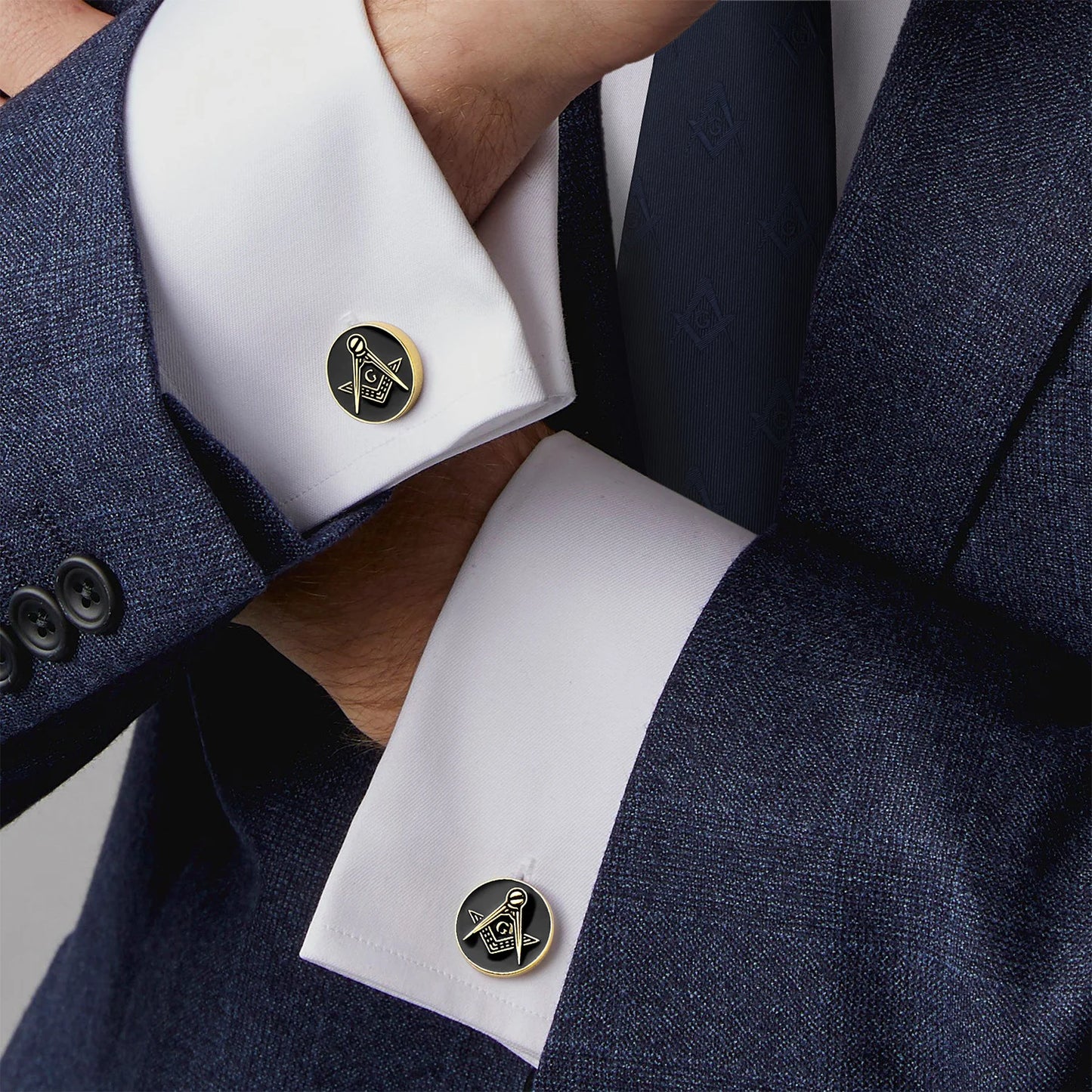 Gold Tone Masonic Cufflinks For Men Round Square And Compass G Letter Design Black Enamel Dress Shirt Accessories Freemason Gift