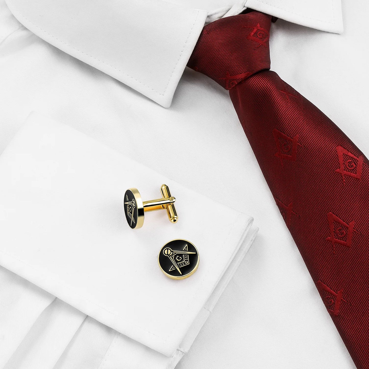 Gold Tone Masonic Cufflinks For Men Round Square And Compass G Letter Design Black Enamel Dress Shirt Accessories Freemason Gift