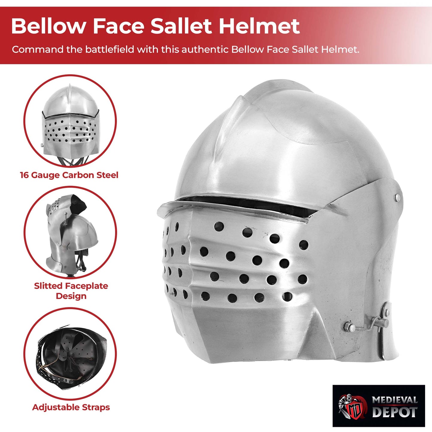 Bellows Face Sallet Battle Helmet with Visor and Leather Liner
