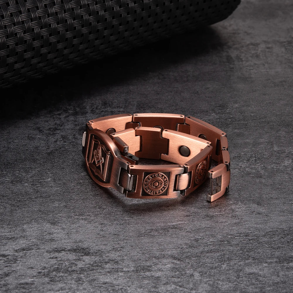 Masonic Magnetic Bracelet Copper 12mm Wristband Magnetic Men Bracelet Arthritis Vintage Ethnic Tribal Eye Health Energy Bracelet