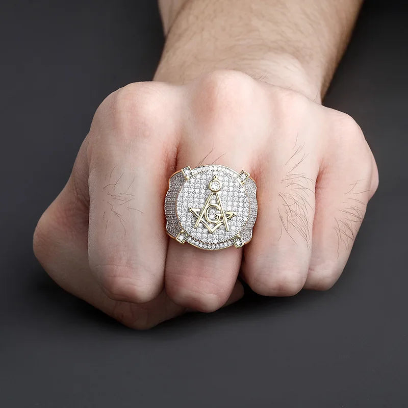 NEW Hip Hop Gold Color Plated Brass Iced Out Micro Pave Cubic Zircon Masonic Ring Charm for Men Gifts With 7 8 9 10 11