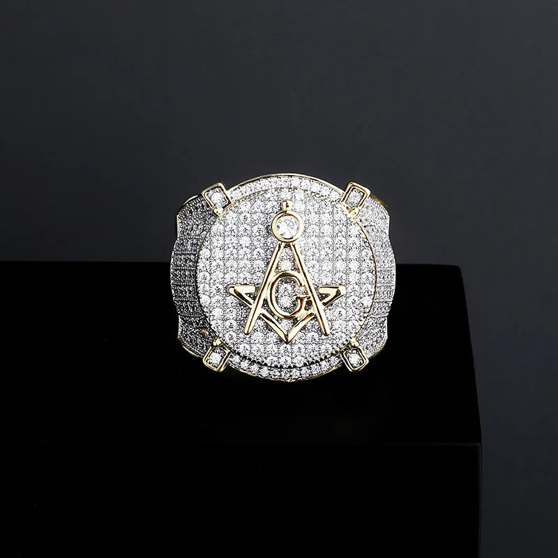 NEW Hip Hop Gold Color Plated Brass Iced Out Micro Pave Cubic Zircon Masonic Ring Charm for Men Gifts With 7 8 9 10 11