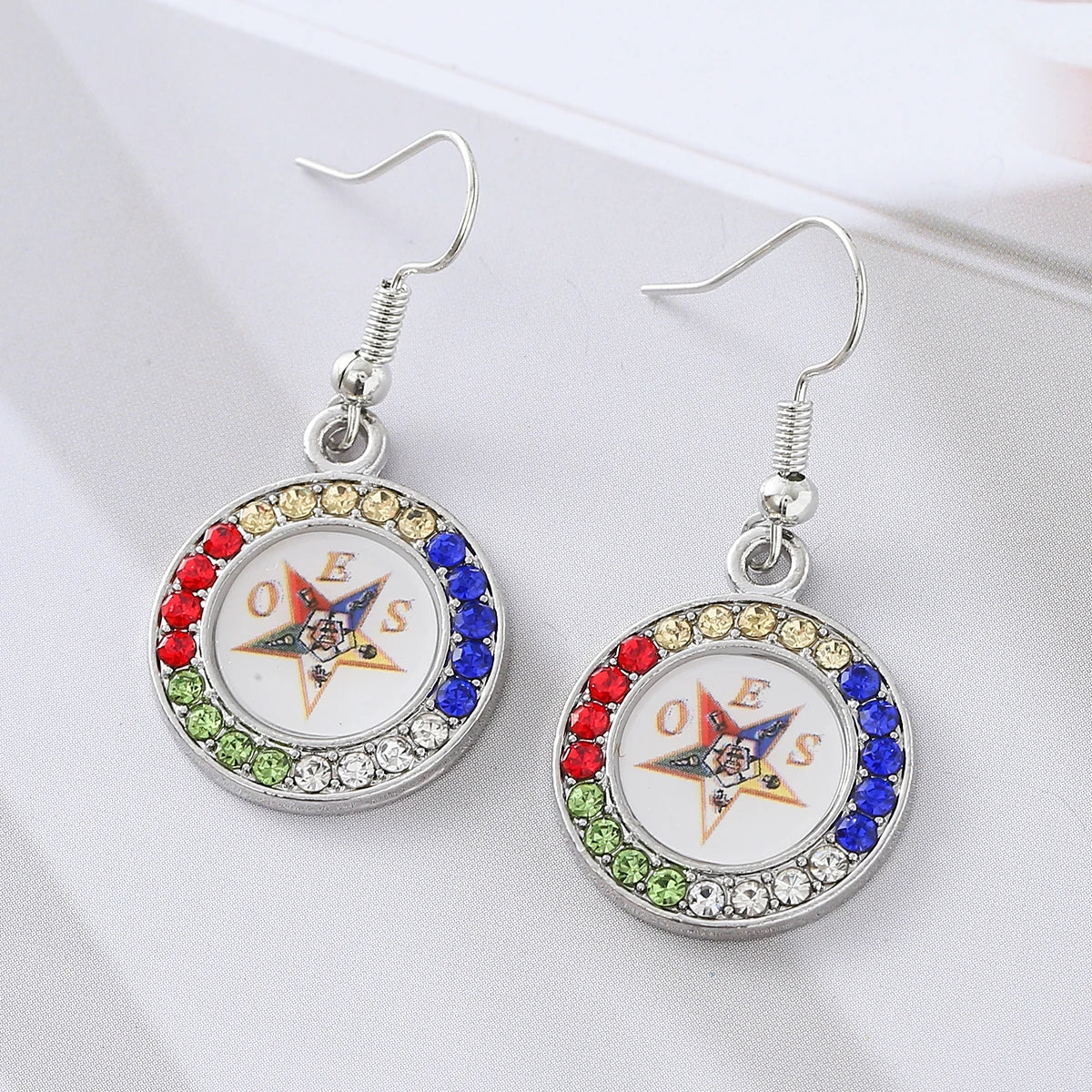 Low Price Directly Sale Order of the Eastern Star Inspired Design Masonic Lady Jewelry Stylish Bling Circle OES Drop Earrings