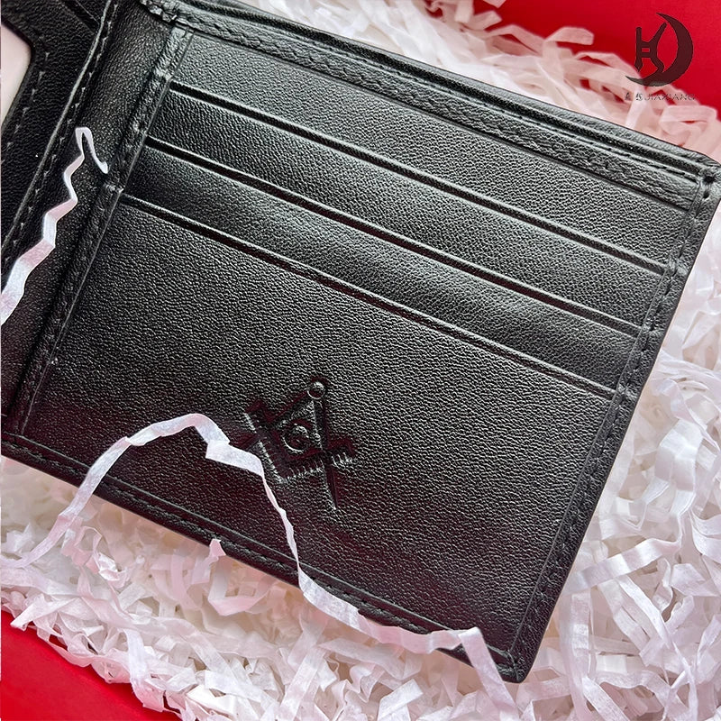 Masonic Black Fold Genuine Leather Wallet RFID Blocking Square Multiple Pockets Ballpoint Pen Set with Wallet for Freemasons