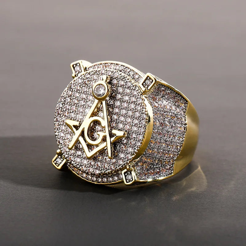 NEW Hip Hop Gold Color Plated Brass Iced Out Micro Pave Cubic Zircon Masonic Ring Charm for Men Gifts With 7 8 9 10 11