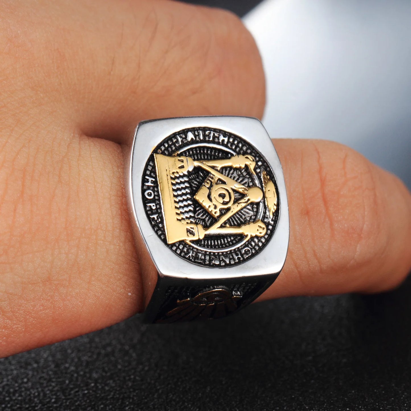 OAHLAN Fashion Jewelry Rings Wedding Bands Gold Plated Vintage Freemason Symbol Masonic Stainless Steel Inlay Men Gift