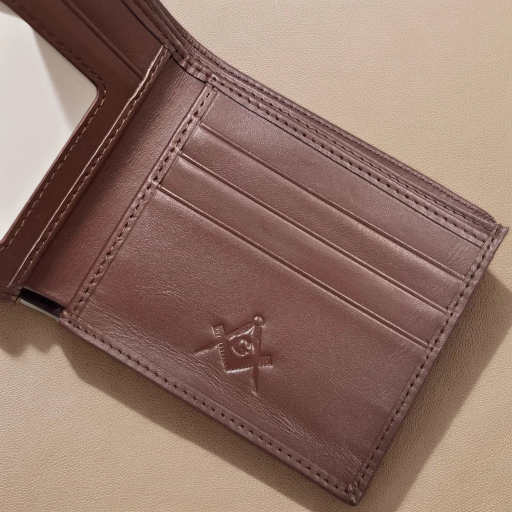 Masonic Black Fold Genuine Leather Wallet RFID Blocking Square Multiple Pockets Ballpoint Pen Set with Wallet for Freemasons