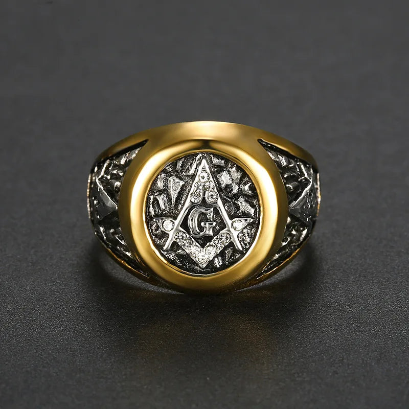 European and American Masonic Logo AG Ring Street Fashion Gold Masonic White Diamond Ring  Vintage Ring