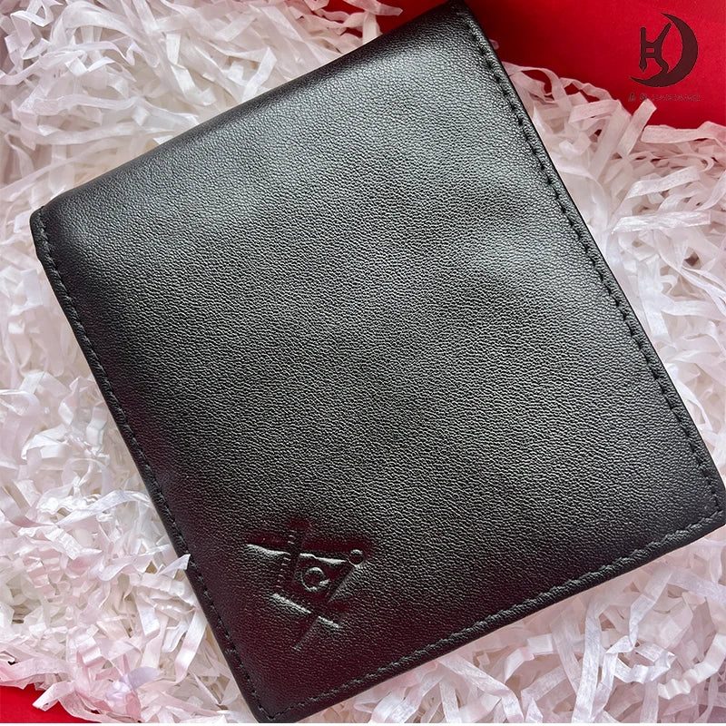 Masonic Black Fold Genuine Leather Wallet RFID Blocking Square Multiple Pockets Ballpoint Pen Set with Wallet for Freemasons