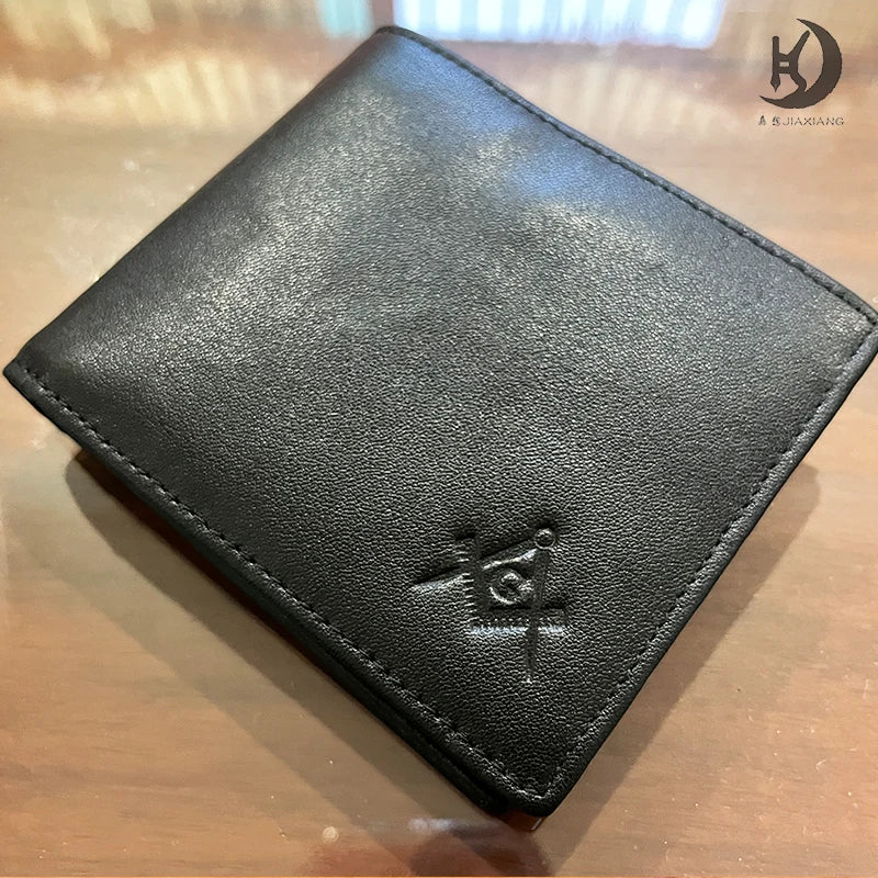 Masonic Black Fold Genuine Leather Wallet RFID Blocking Square Multiple Pockets Ballpoint Pen Set with Wallet for Freemasons
