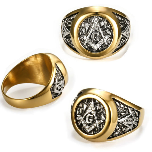 European and American Masonic Logo AG Ring Street Fashion Gold Masonic White Diamond Ring  Vintage Ring