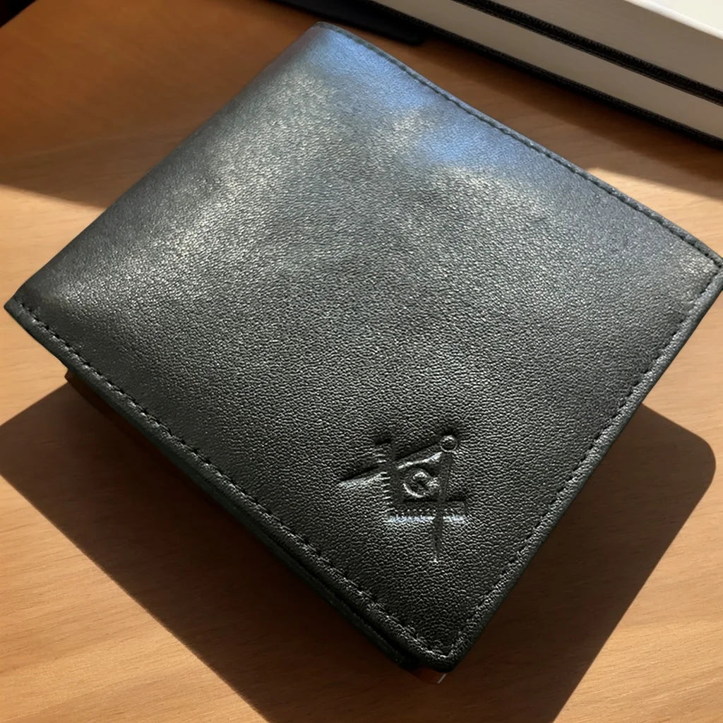 Masonic Black Fold Genuine Leather Wallet RFID Blocking Square Multiple Pockets Ballpoint Pen Set with Wallet for Freemasons