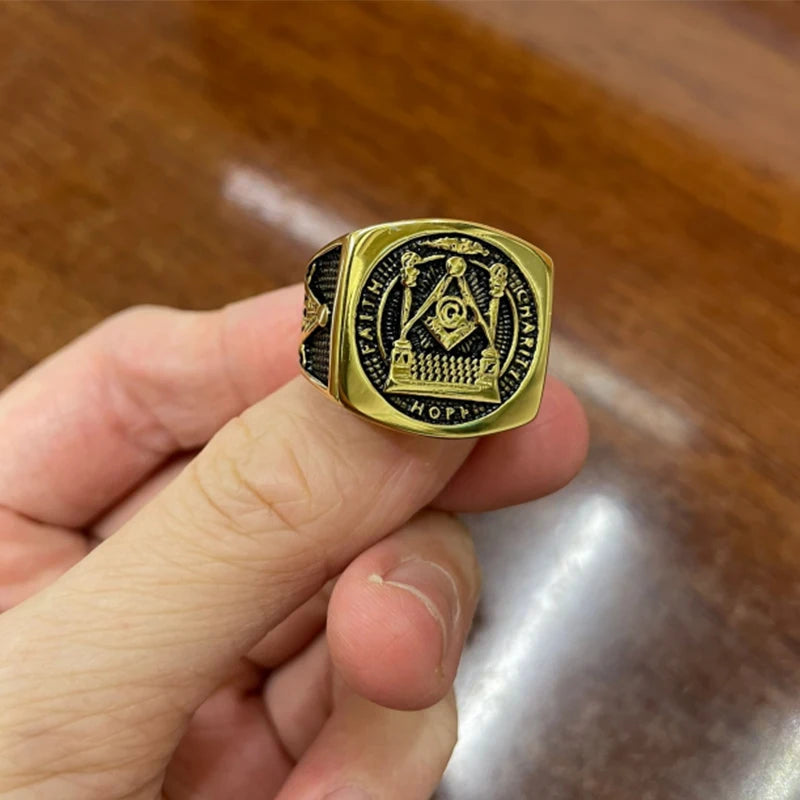 OAHLAN Fashion Jewelry Rings Wedding Bands Gold Plated Vintage Freemason Symbol Masonic Stainless Steel Inlay Men Gift