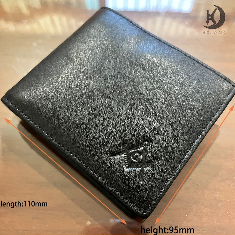 Masonic Black Fold Genuine Leather Wallet RFID Blocking Square Multiple Pockets Ballpoint Pen Set with Wallet for Freemasons