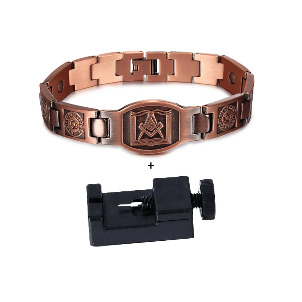 Masonic Magnetic Bracelet Copper 12mm Wristband Magnetic Men Bracelet Arthritis Vintage Ethnic Tribal Eye Health Energy Bracelet