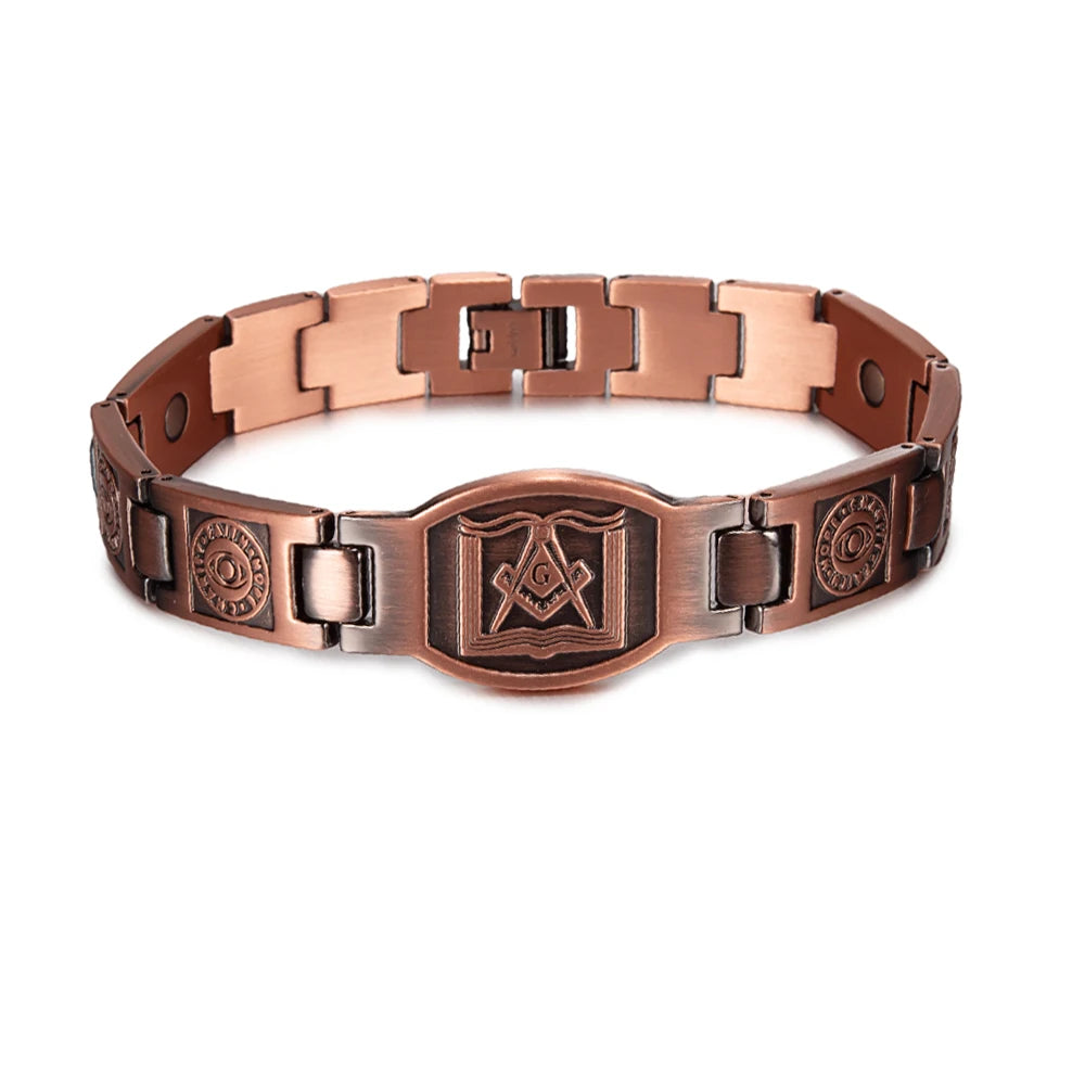 Masonic Magnetic Bracelet Copper 12mm Wristband Magnetic Men Bracelet Arthritis Vintage Ethnic Tribal Eye Health Energy Bracelet