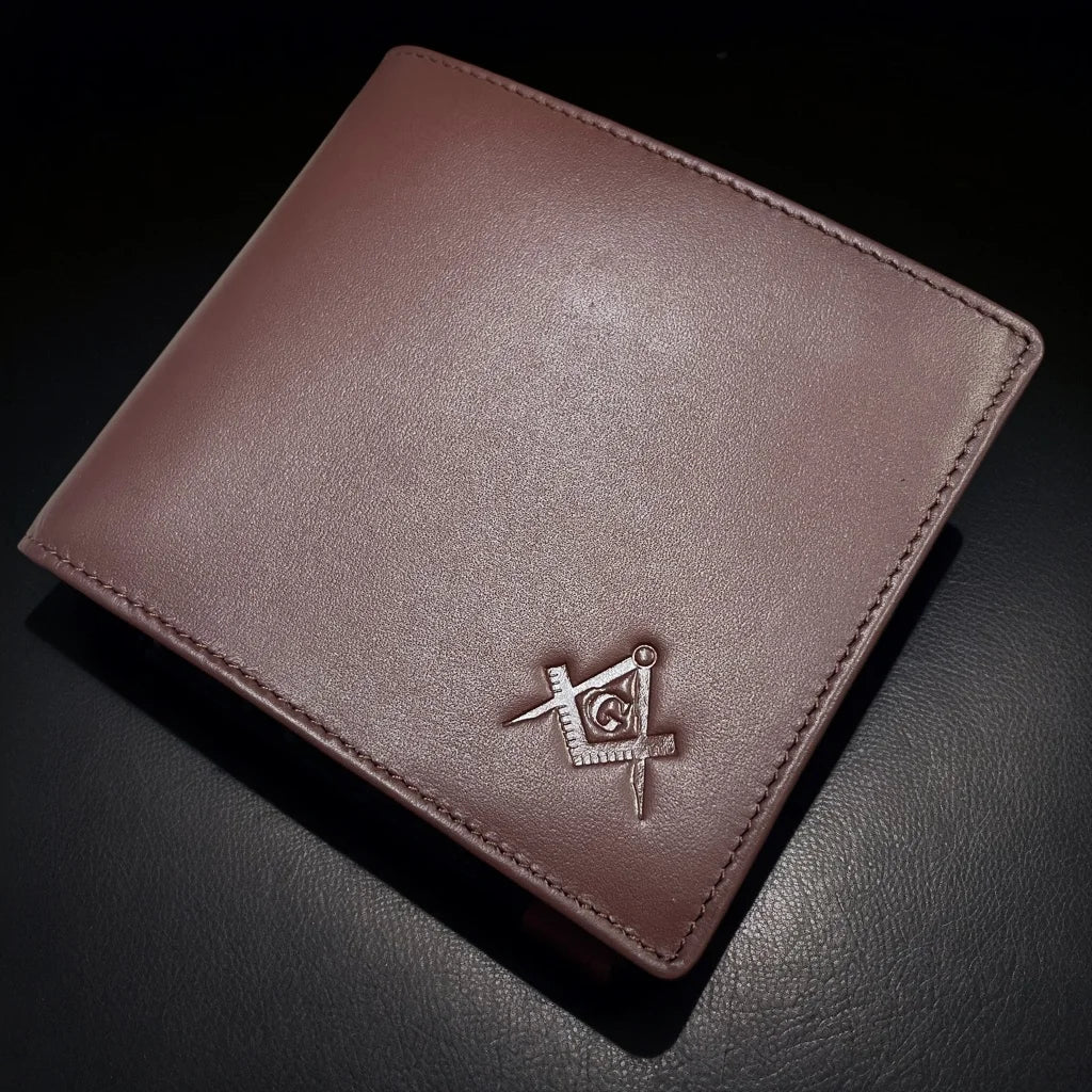 Masonic Black Fold Genuine Leather Wallet RFID Blocking Square Multiple Pockets Ballpoint Pen Set with Wallet for Freemasons
