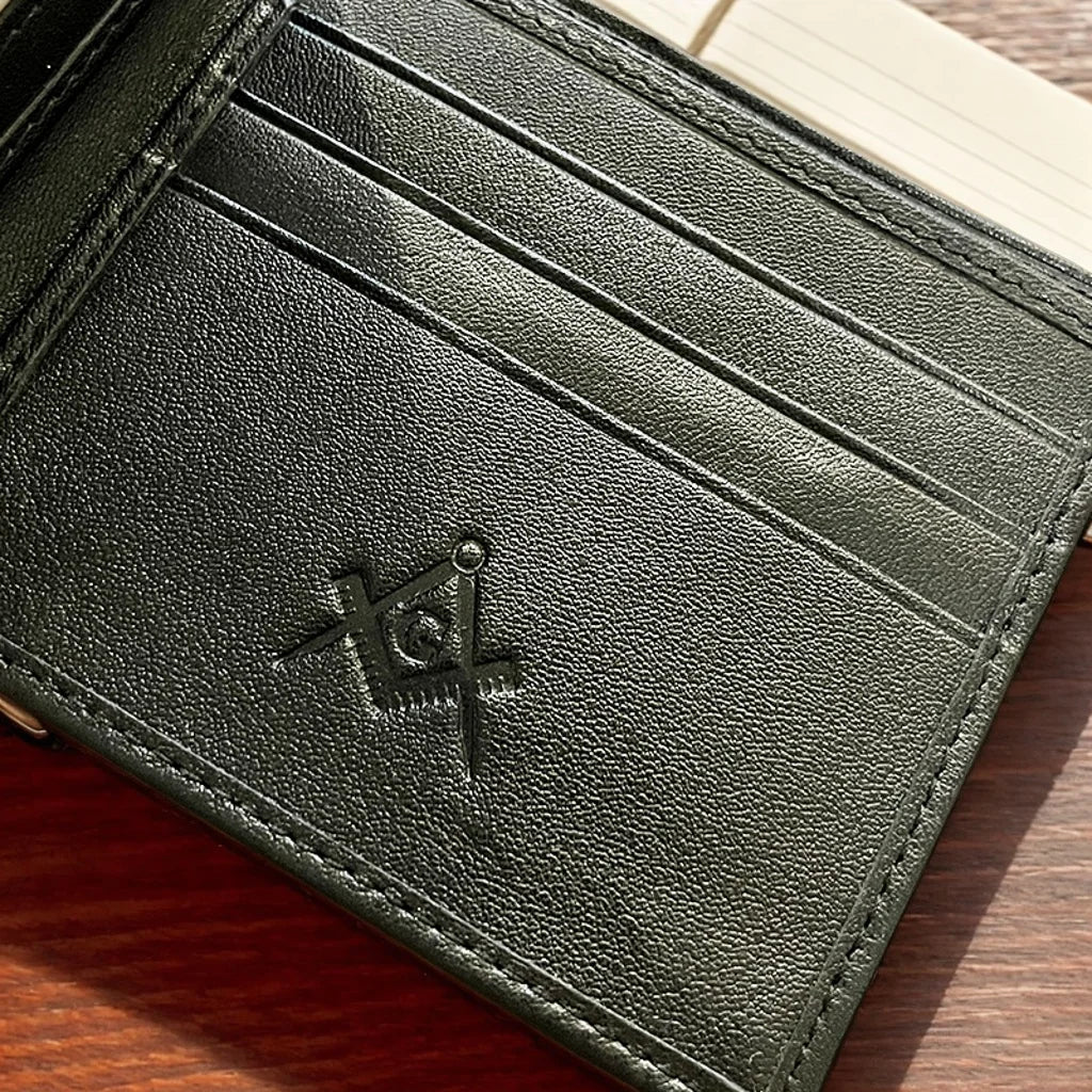 Masonic Black Fold Genuine Leather Wallet RFID Blocking Square Multiple Pockets Ballpoint Pen Set with Wallet for Freemasons