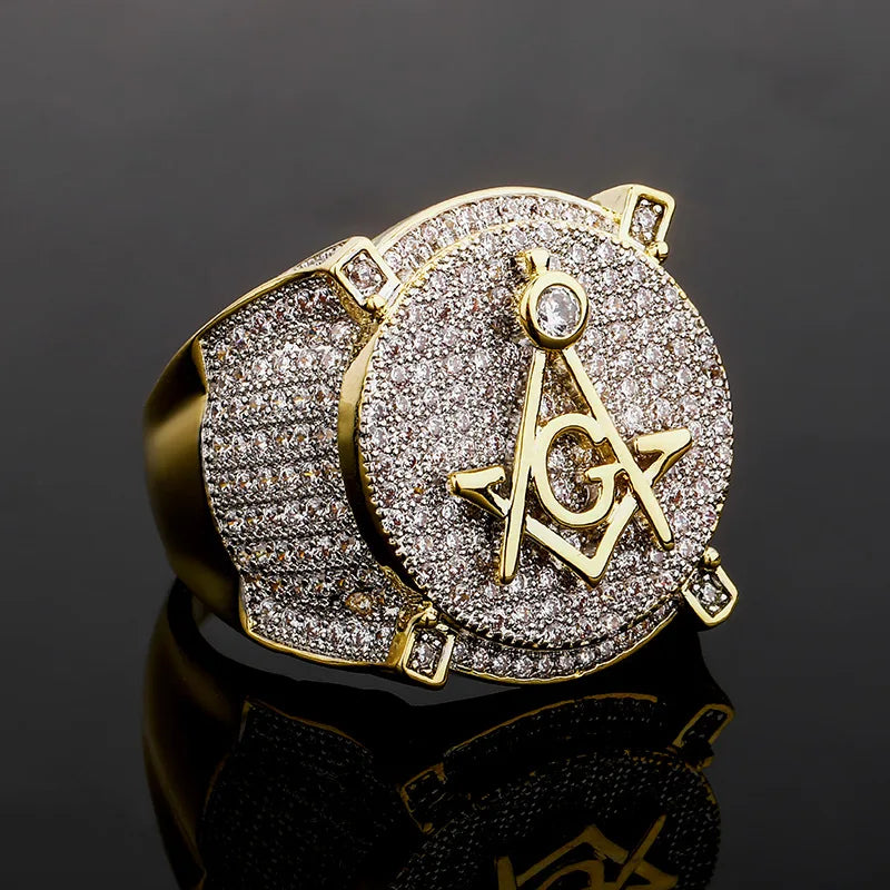 NEW Hip Hop Gold Color Plated Brass Iced Out Micro Pave Cubic Zircon Masonic Ring Charm for Men Gifts With 7 8 9 10 11