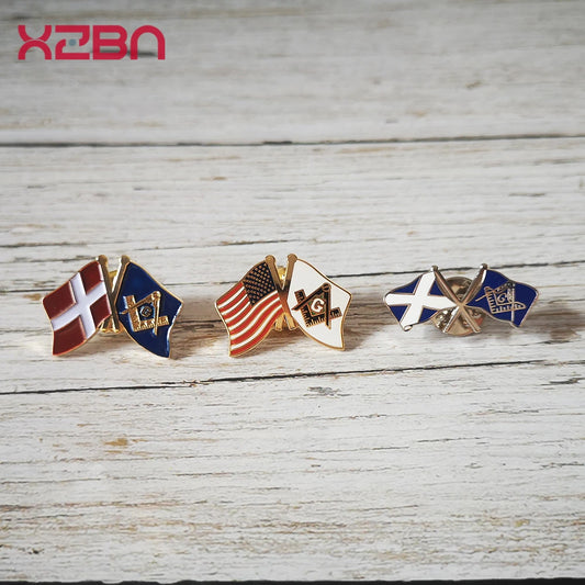 Masonic Lapel Pins Badge Mason Freemason Double Flag Badge Denmark  USA Scotland and Mason Crossed Friendship Symbol Brooch