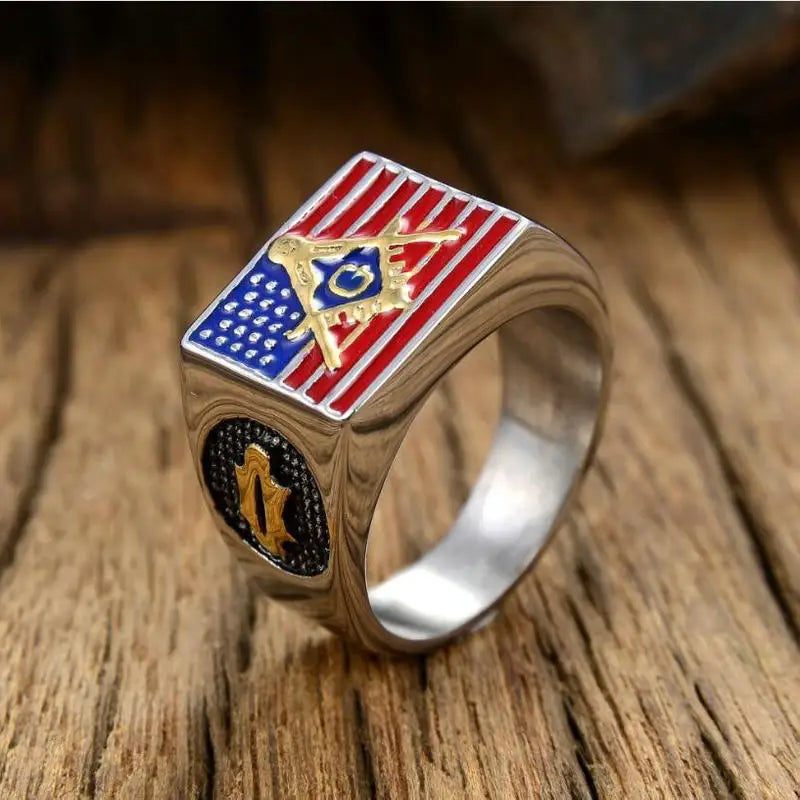 American flag Masonic logo ring     American AG Men's Ring    Titanium Steel Masonic Symbol Ring