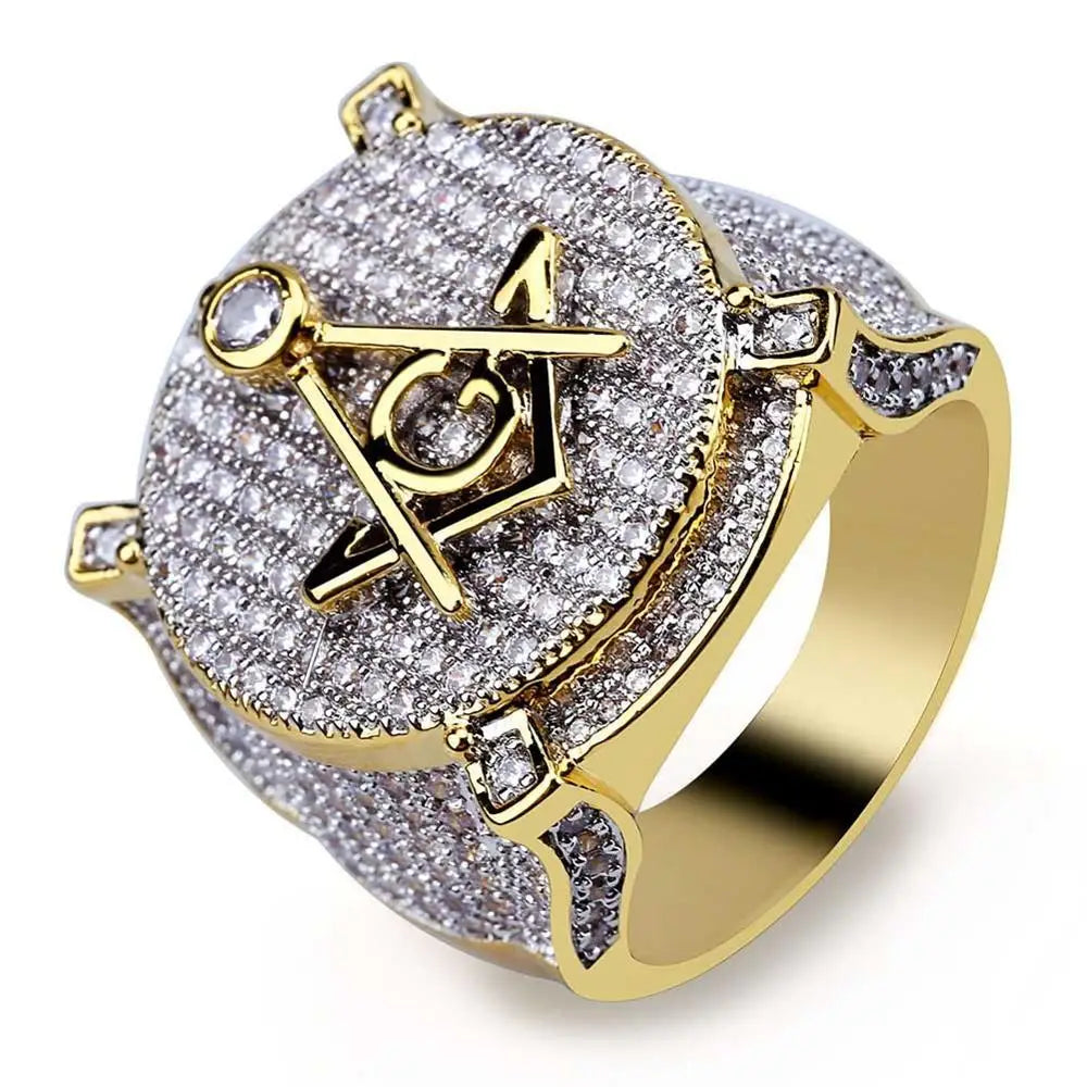 NEW Hip Hop Gold Color Plated Brass Iced Out Micro Pave Cubic Zircon Masonic Ring Charm for Men Gifts With 7 8 9 10 11