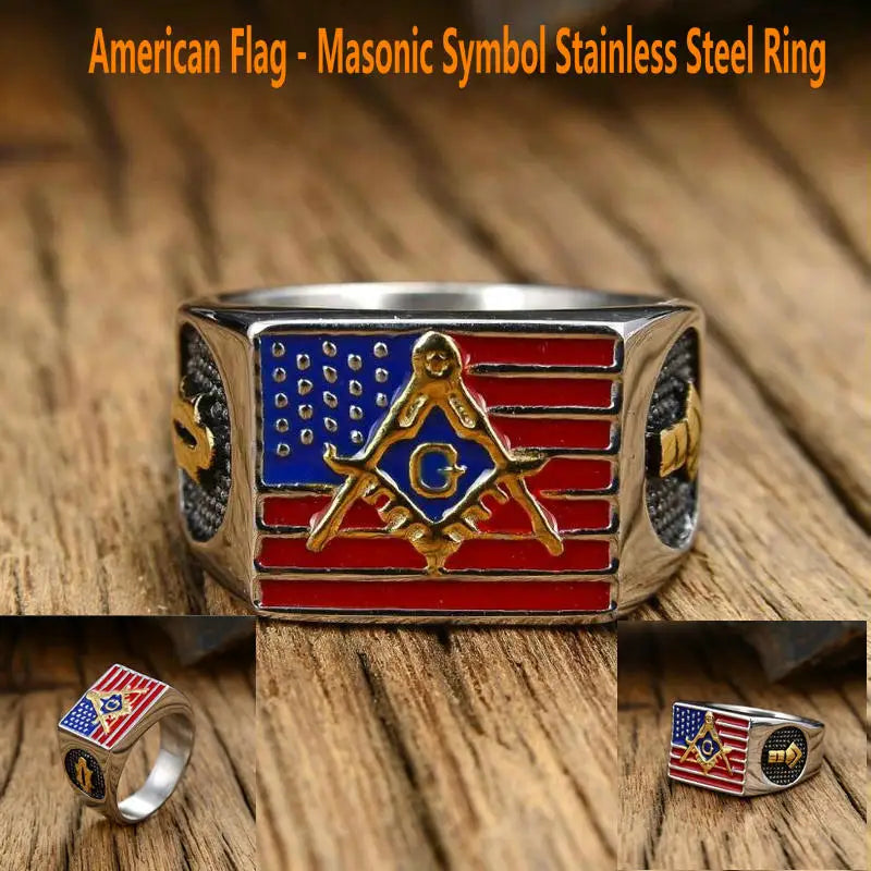 American flag Masonic logo ring     American AG Men's Ring    Titanium Steel Masonic Symbol Ring