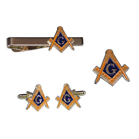 Masonic Compasses Freemason Mason Pin and Cuff links and Tie Clip Set