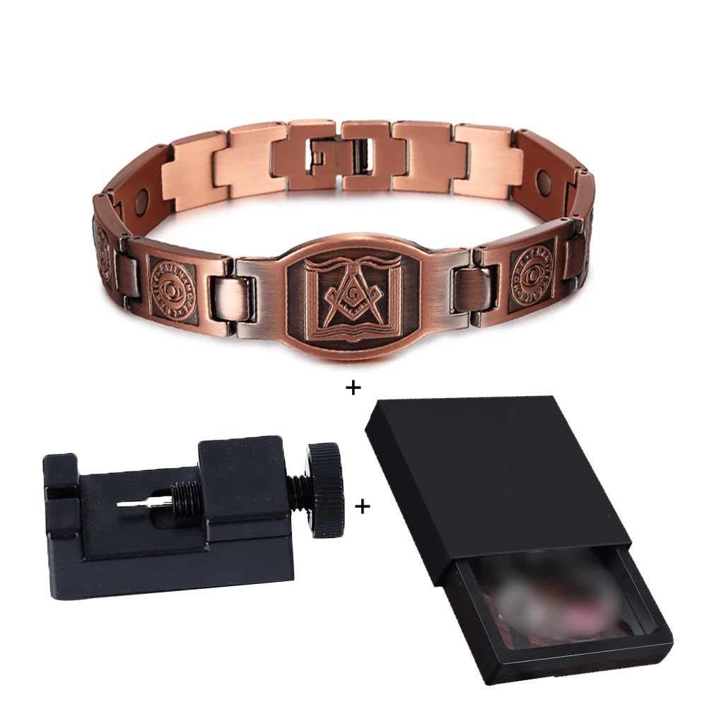 Masonic Magnetic Bracelet Copper 12mm Wristband Magnetic Men Bracelet Arthritis Vintage Ethnic Tribal Eye Health Energy Bracelet