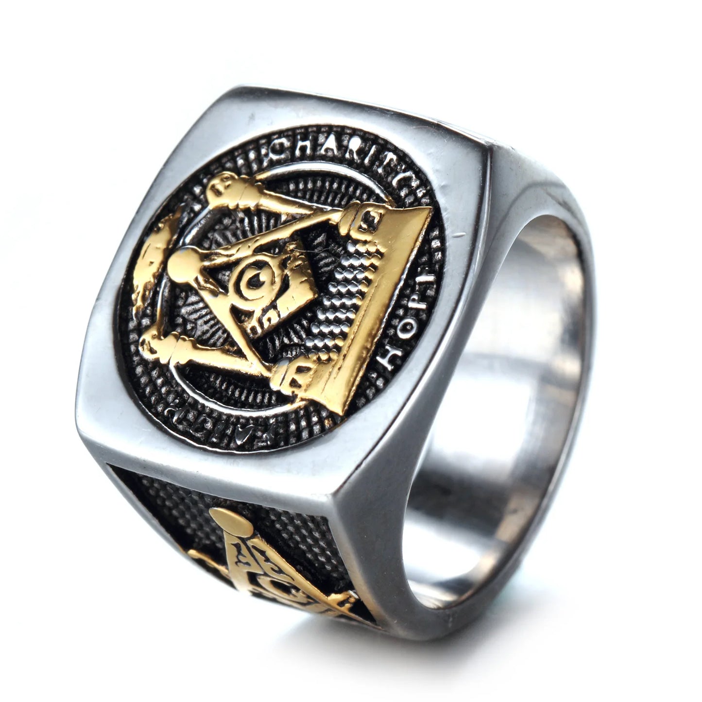 OAHLAN Fashion Jewelry Rings Wedding Bands Gold Plated Vintage Freemason Symbol Masonic Stainless Steel Inlay Men Gift