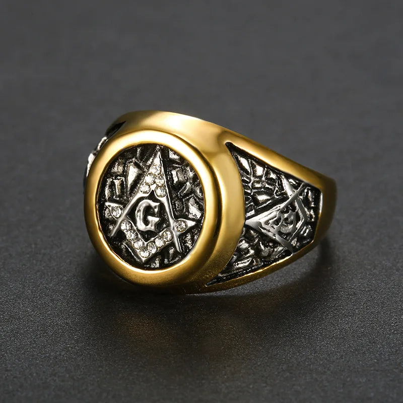 European and American Masonic Logo AG Ring Street Fashion Gold Masonic White Diamond Ring  Vintage Ring