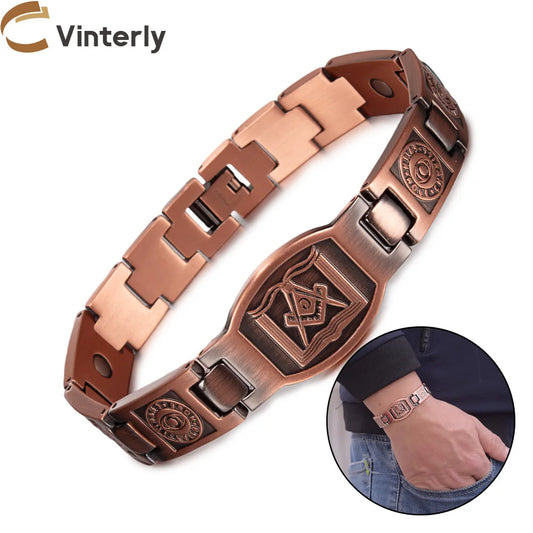 Masonic Magnetic Bracelet Copper 12mm Wristband Magnetic Men Bracelet Arthritis Vintage Ethnic Tribal Eye Health Energy Bracelet